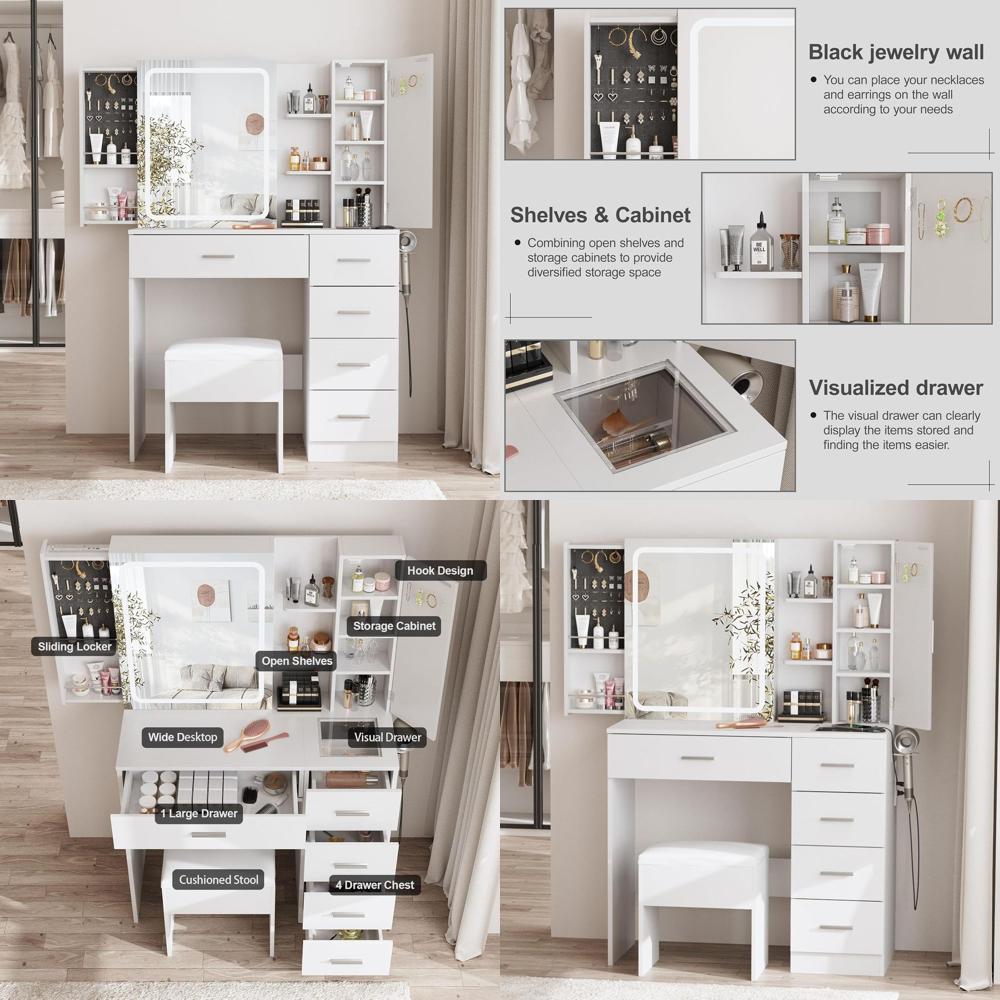 Power Strip Desk - Tocador Blanco con Espejo, Luces y